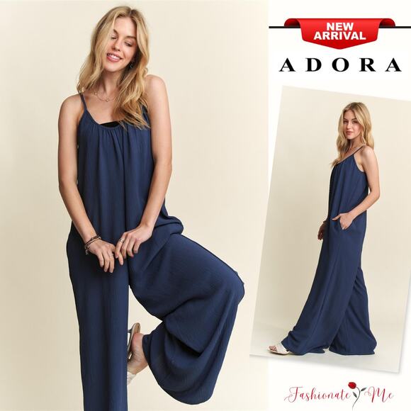 ADORA Solid Crinkle Side Pockets Wide Leg Casual Cami Jumpsuit | Midnight Blue - Picture 1 of 8